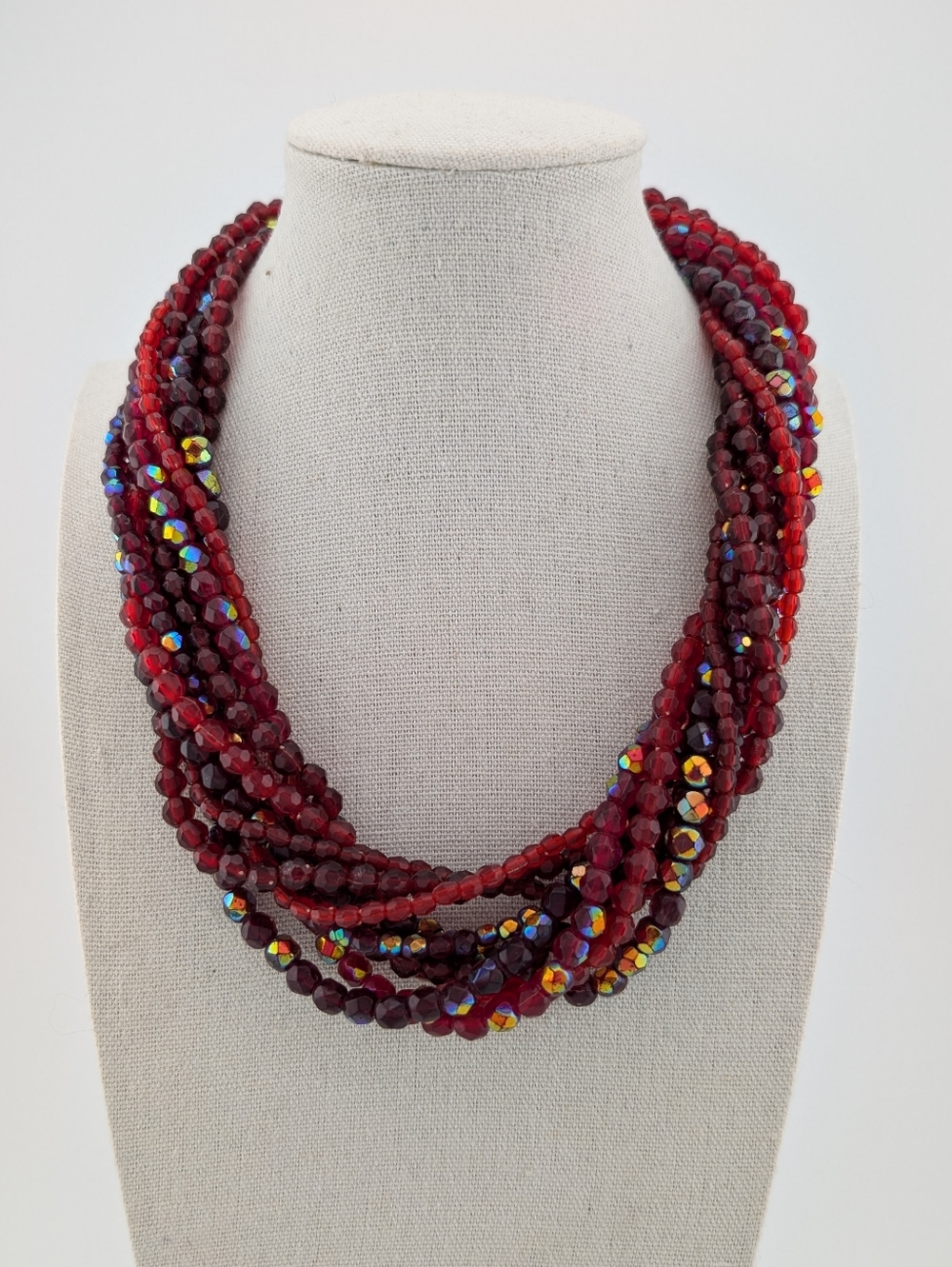 Vintage Red Multi Strand Aurora Borealis Beaded Torsade Statement Necklace
